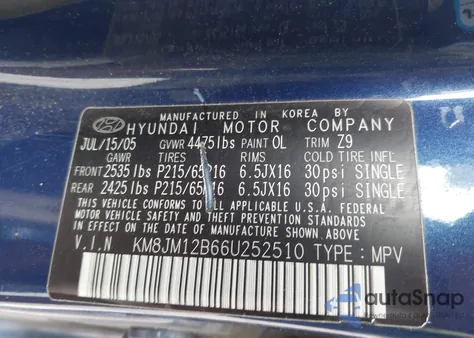 2006 Hyundai Tucson Gl из США, поврежденный, VIN KM8JM12B66U252510